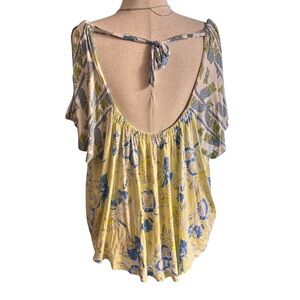 Free People Boho Floral Tie Back Blouse Yellow Blue Fairycore Top Large